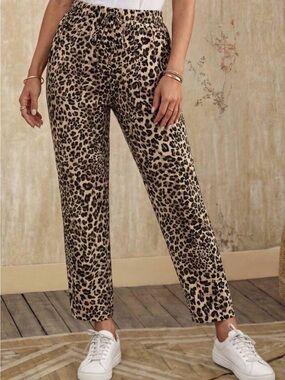 SHEIN Beige and Black Leopard Print Straight Leg Pants